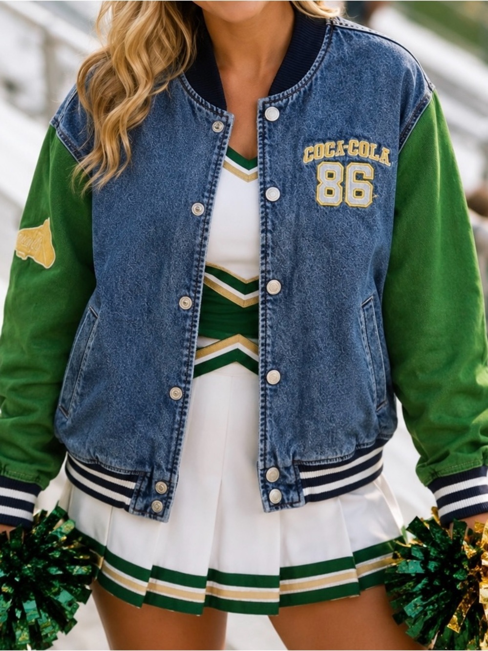 PacSun Varsity Jacket Size S Green Denim Coca Cola Graphics Bomber Jacket